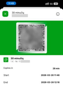 Активированный билет в приложении Trafi для оплаты проезда в общественном транспорте Вильнюса.